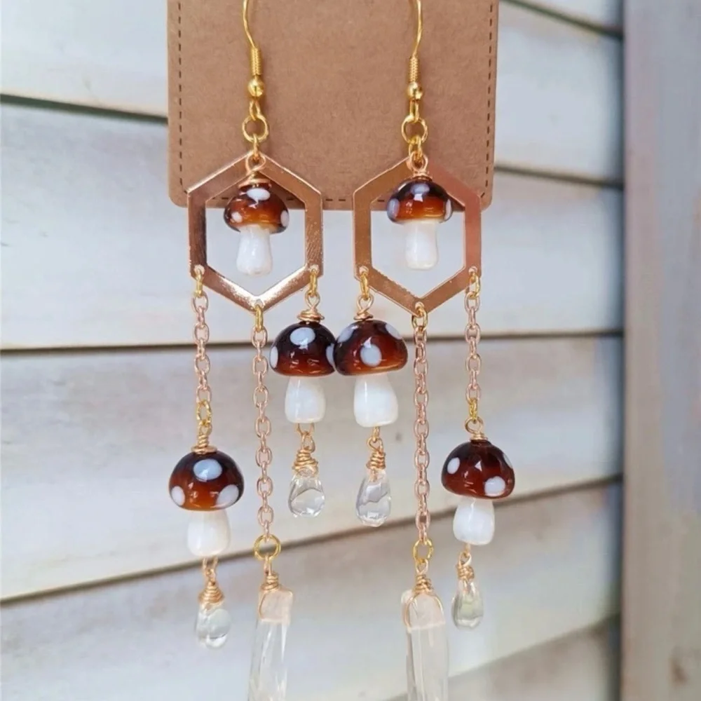 2/$30🌵 Mushroom Gold Chandelier Earrings Crystals Forest Hippie Boho Fairy NEW